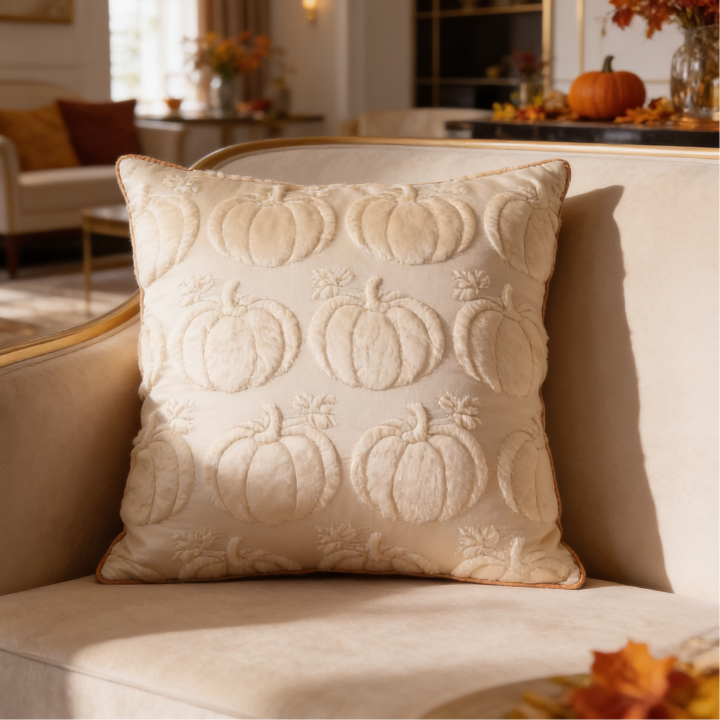 Cream pillow cover quilted with raised pumpkin outlines amid autumn decor