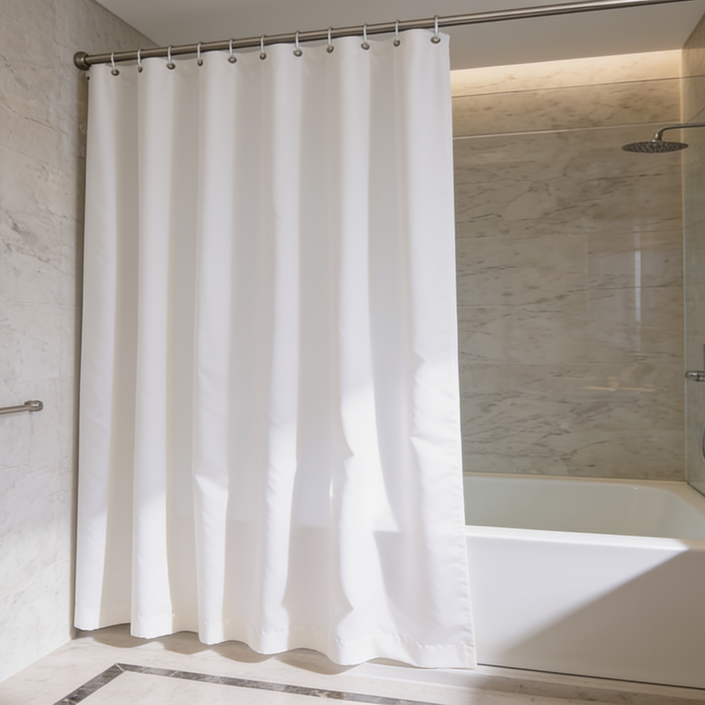 Plain white bath curtain gathered beside a bathtub against a warm marble wall