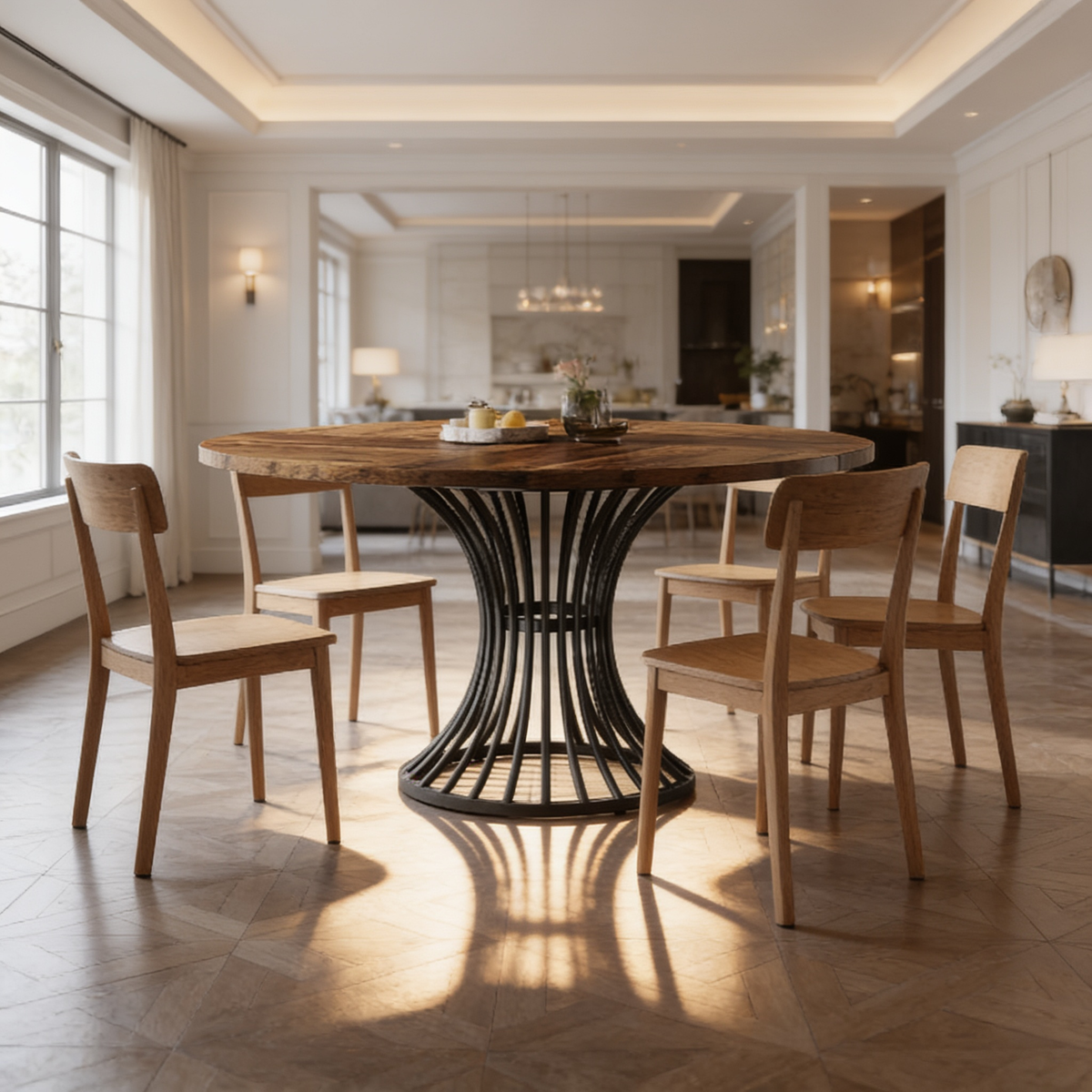 Round wood table on a black spoke pedestal with light wood chairs in an open plan room
