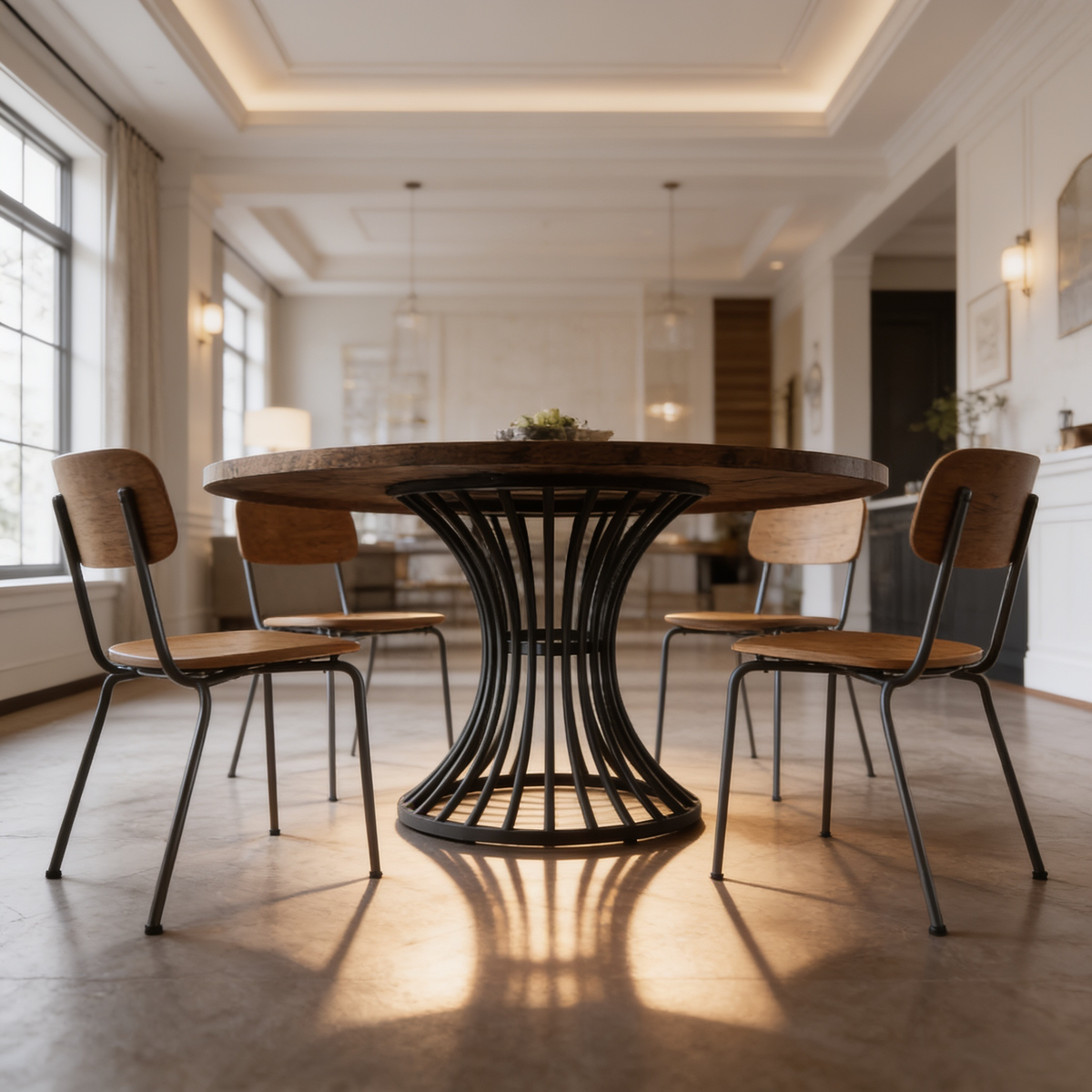 Close view of the round table circled by slim black framed dining chairs