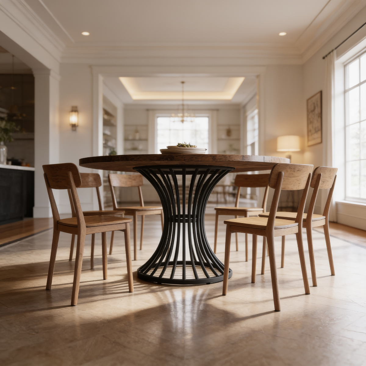 Wide bright room view of the round table with six wood chairs around it