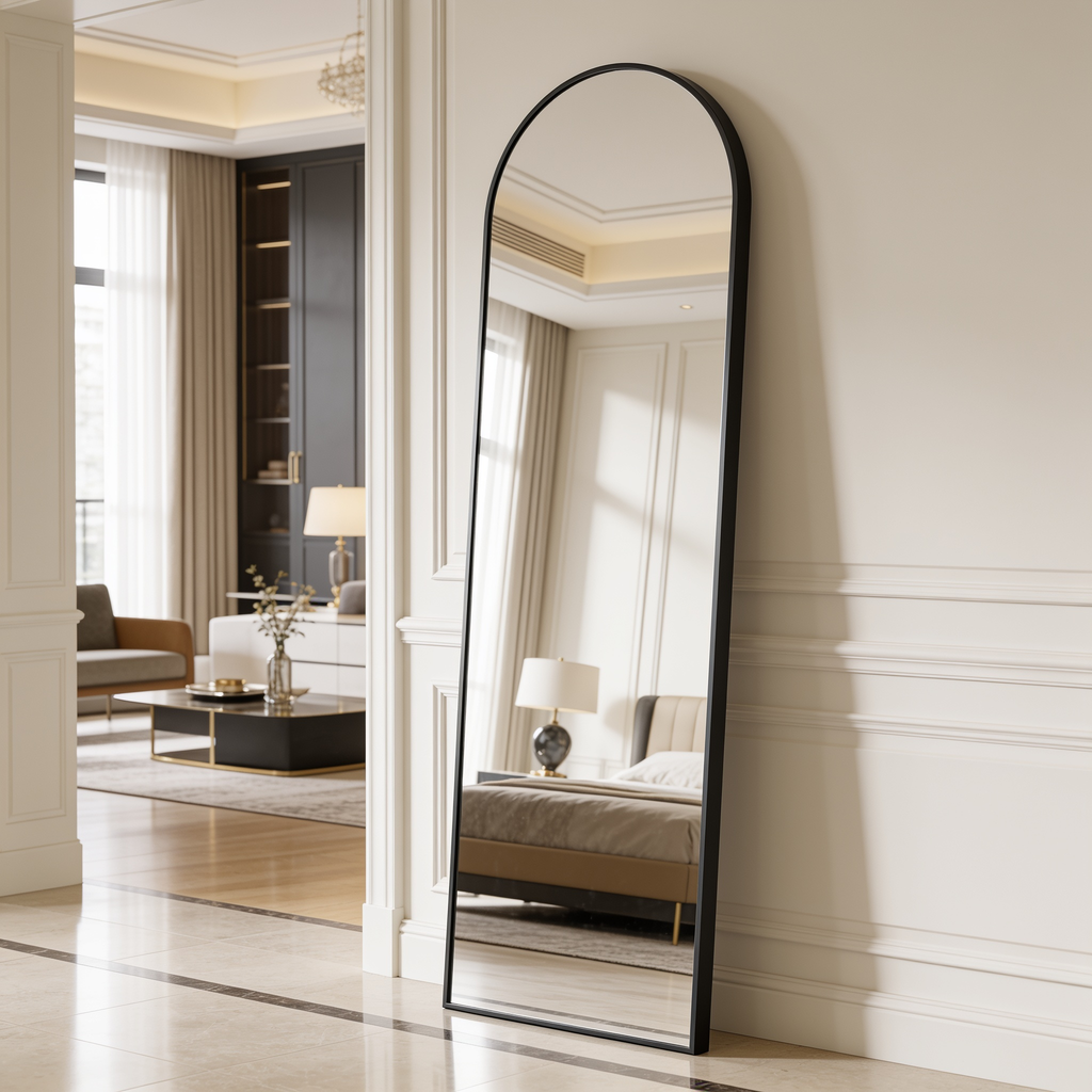 Arched black framed floor mirror leaning on a paneled wall, reflecting a bright bedroom