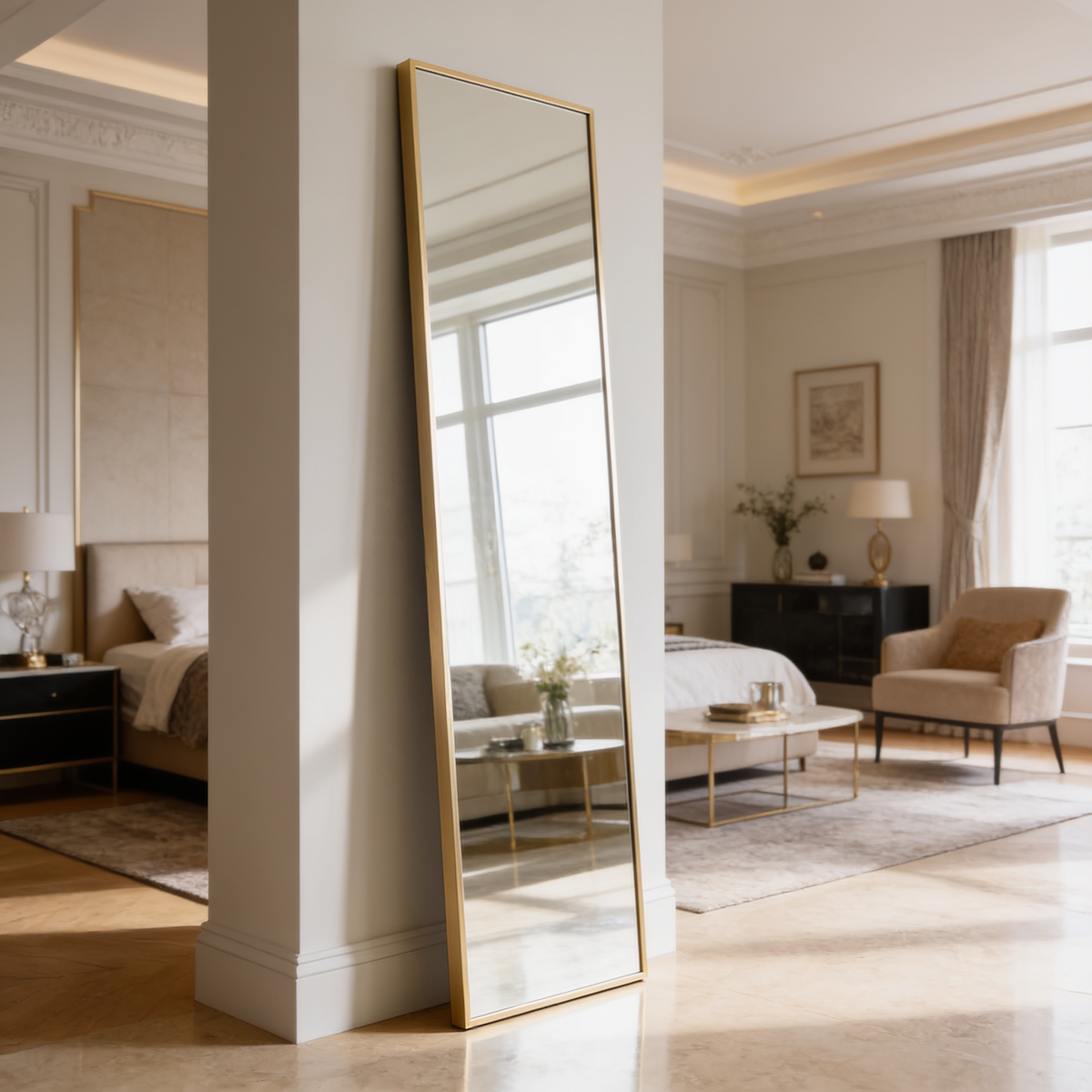 Slim gold framed floor mirror leaning by a living room window above a pale rug