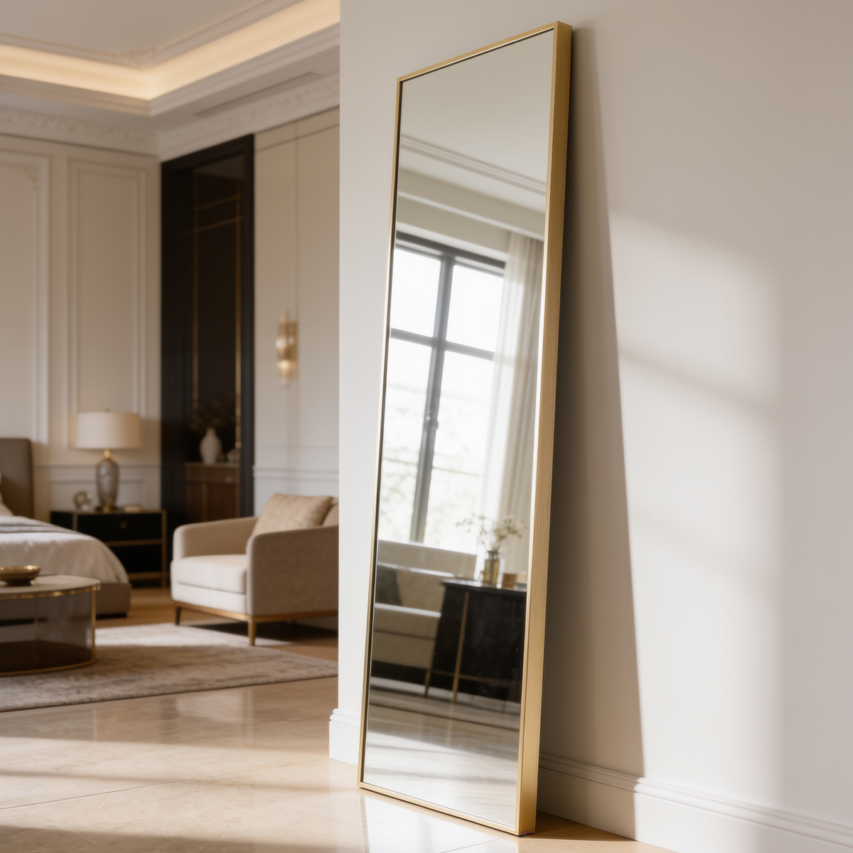 Gold framed rectangular floor mirror leaning in a bedroom, reflecting a tall window
