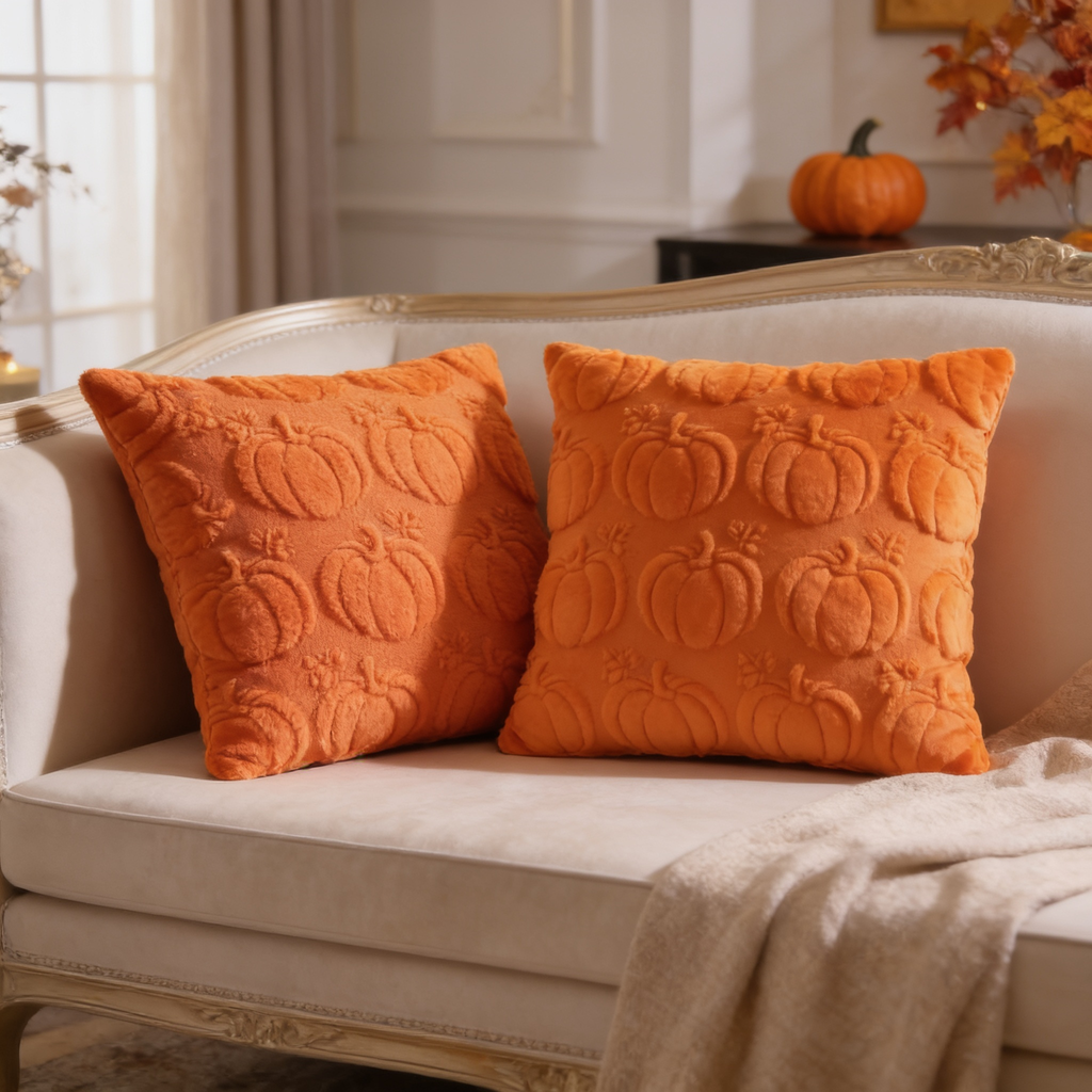 Two orange quilted pumpkin pillows, one square and one lumbar, on a beige couch