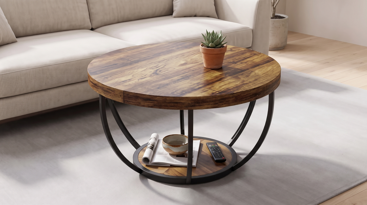 Round coffee table with a magazine, bowl and remote on its low shelf and a clear top