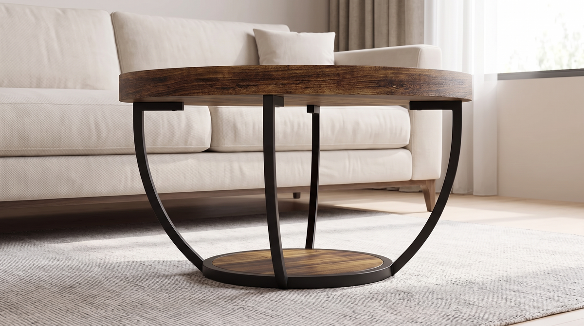 Round coffee table with a bowl shaped black steel base seen from low in a living room