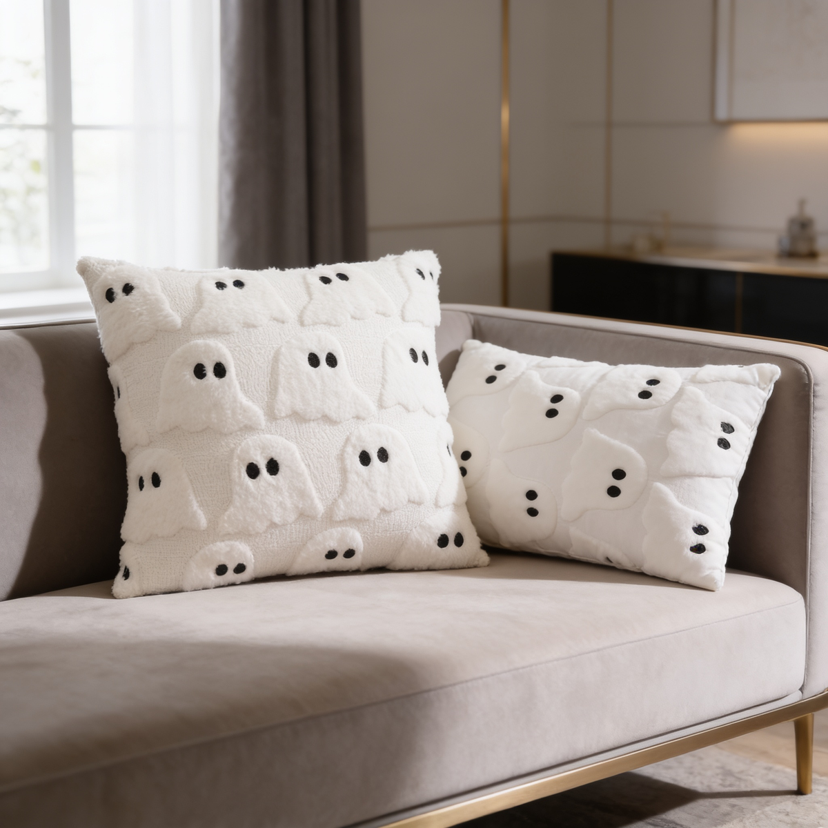Two cream ghost face pillows, one square and one lumbar, on a gray sofa
