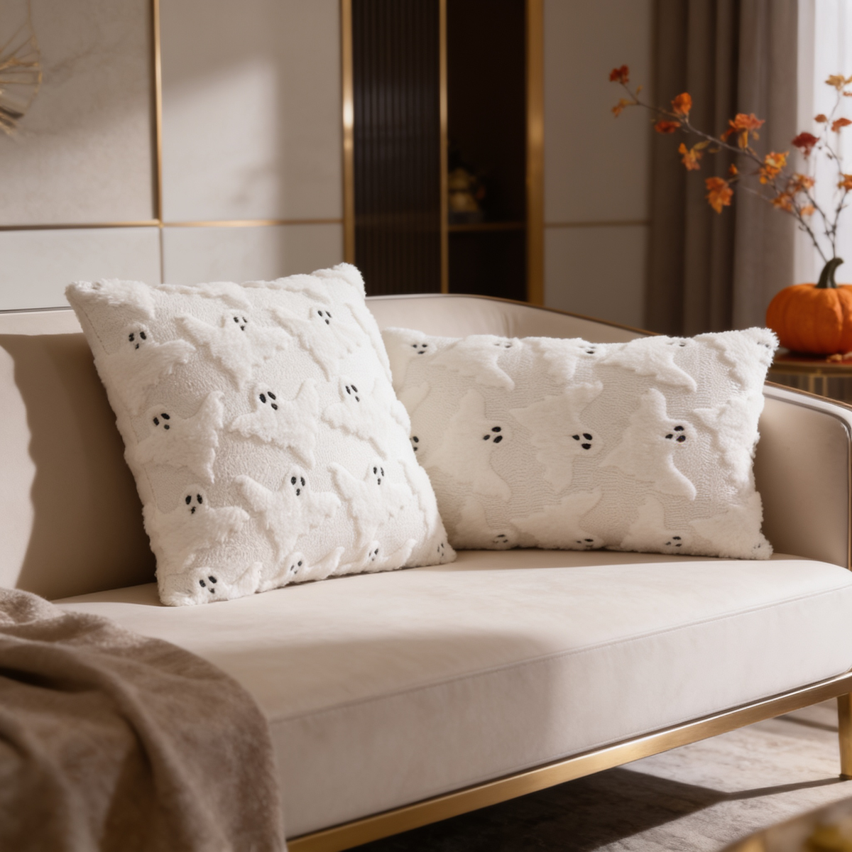 Pair of cream ghost pillows on a sofa with pumpkins and fall branches nearby