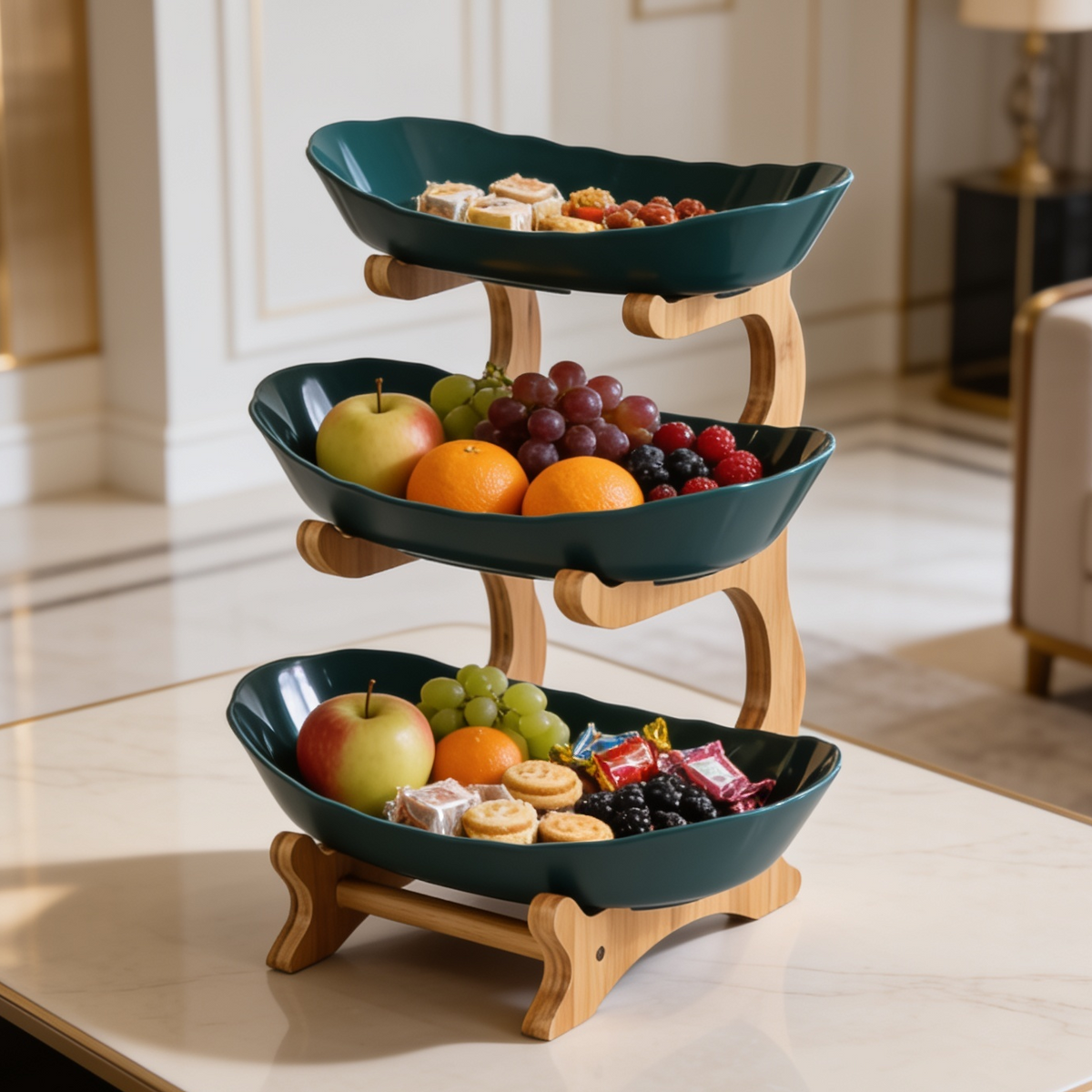 Three tier green oval plate stand stacked with berries, grapes and citrus