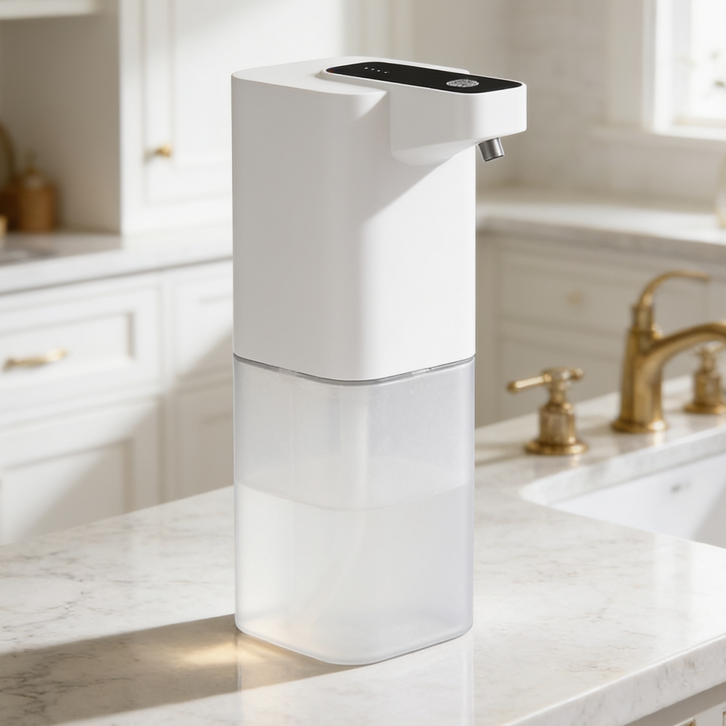 Square white foaming dispenser with a clear tank on a counter by gold faucets