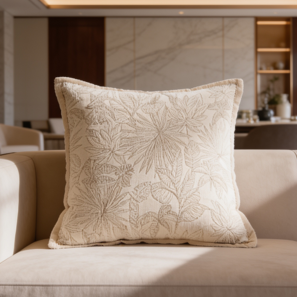 Ivory pillow with a tonal woven floral jacquard sitting on a cream sofa