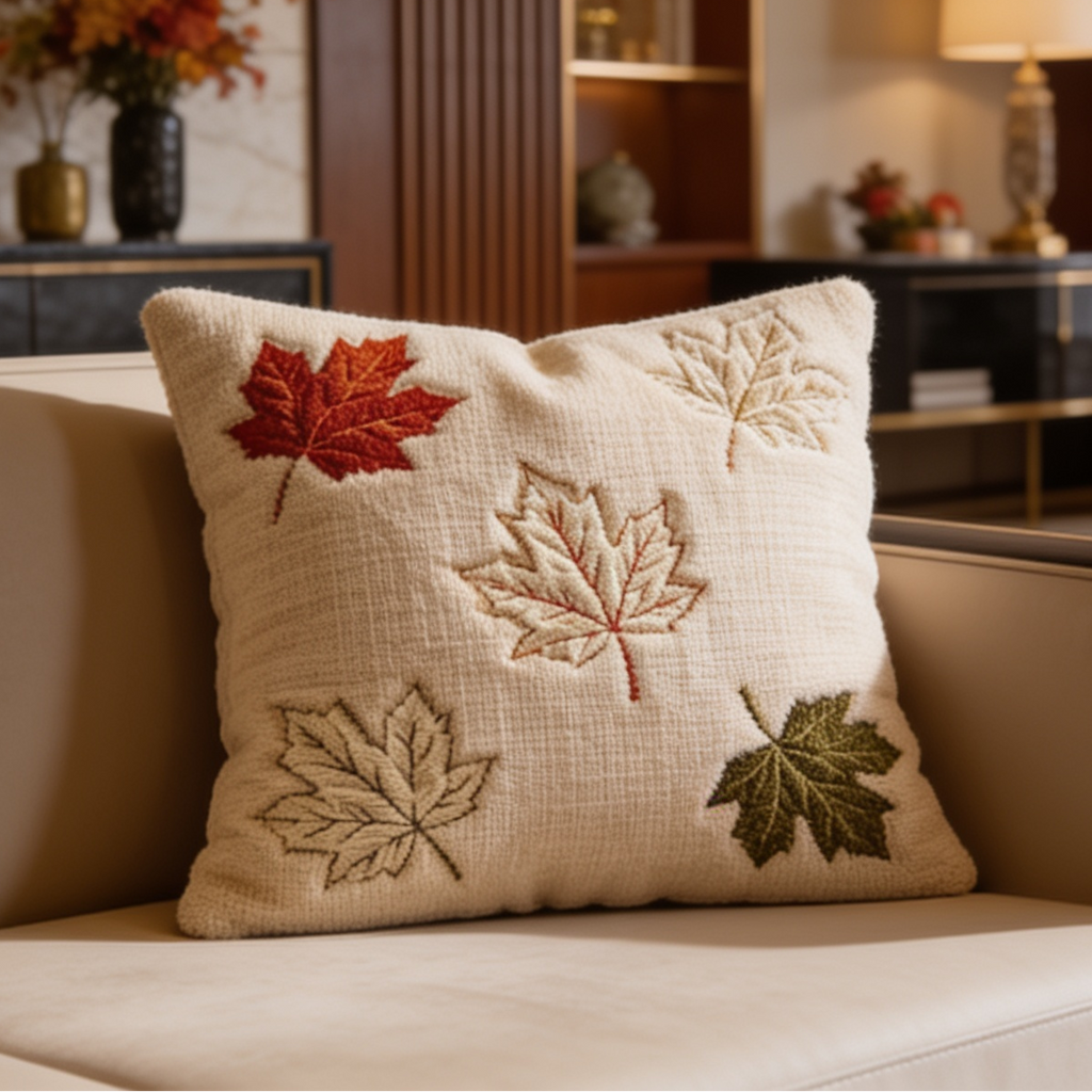 Beige pillow embroidered with red, gold and green maple leaves on a cream chair
