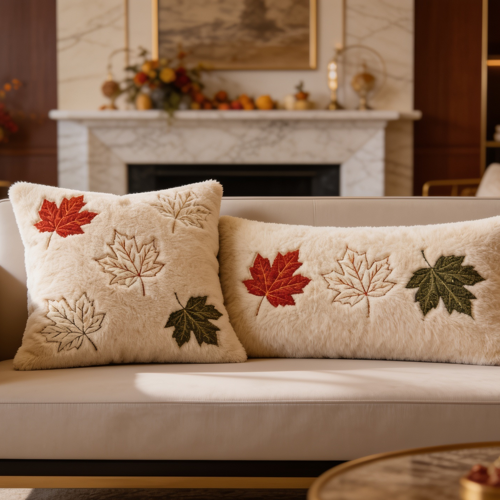 Two maple leaf embroidered pillows on a sofa in front of a marble fireplace