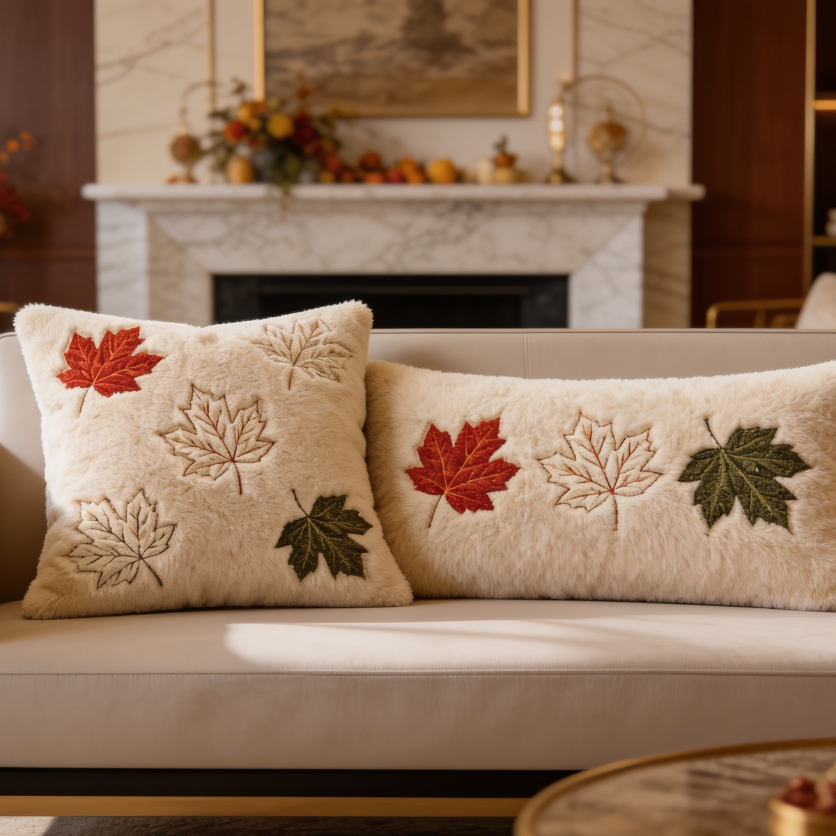 Two maple leaf embroidered pillows on a sofa in front of a marble fireplace