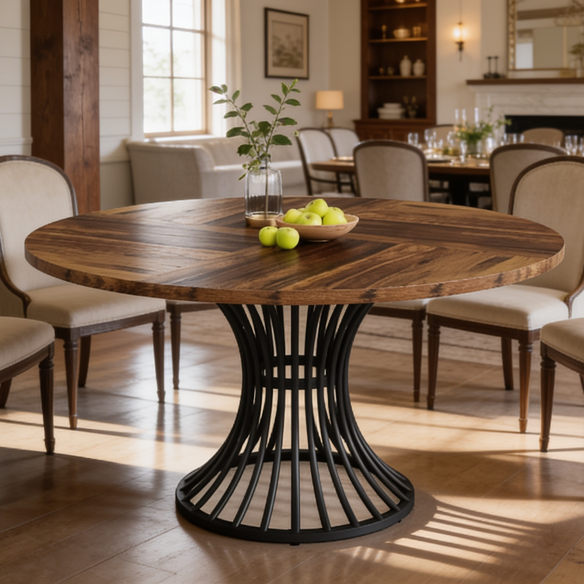 Plank top round table on a black spoke pedestal with a fruit bowl by an open kitchen
