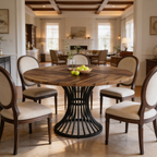Warm wood round table on a black fan base holding a bowl of green apples