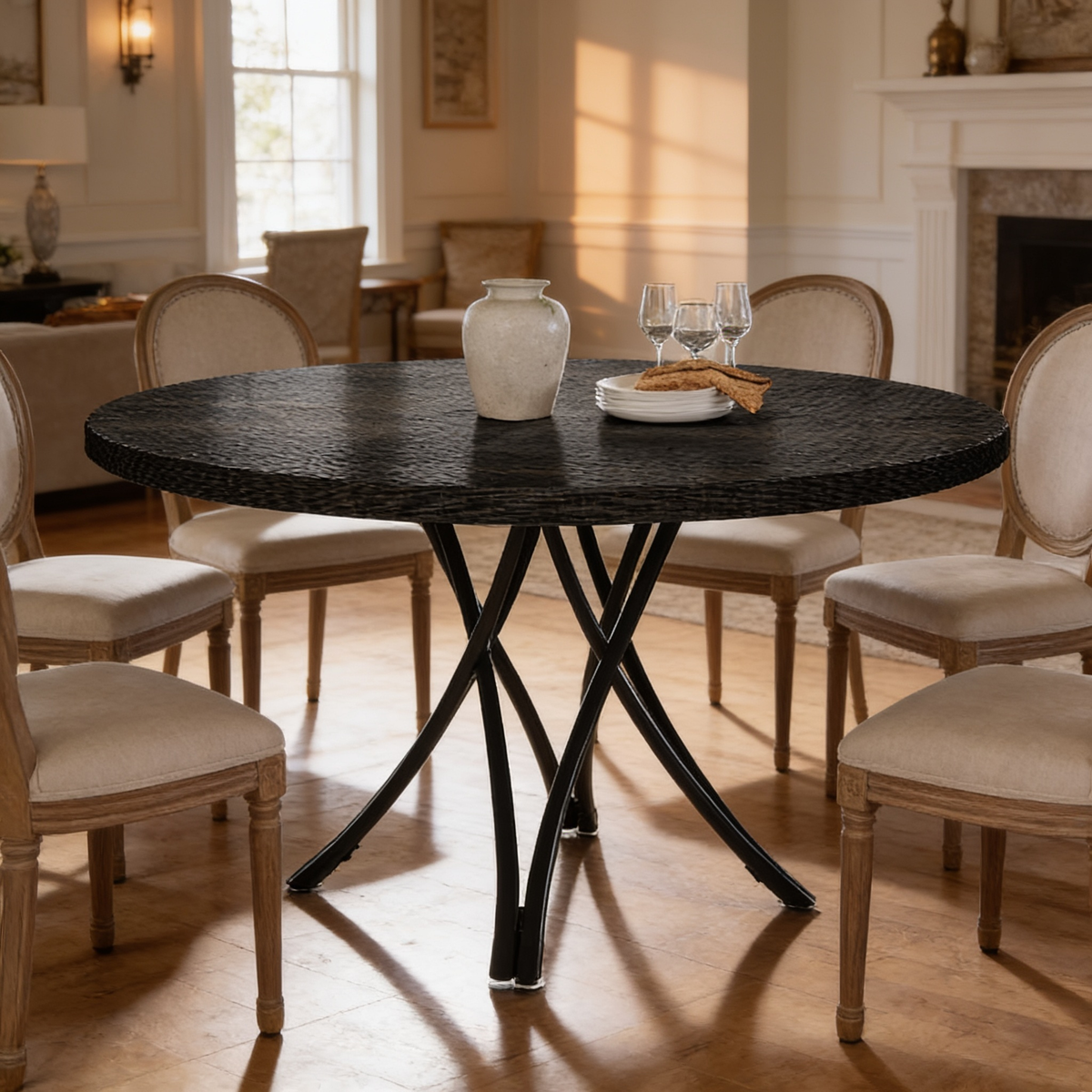 Dark textured round tabletop on splayed black metal legs near a fireplace