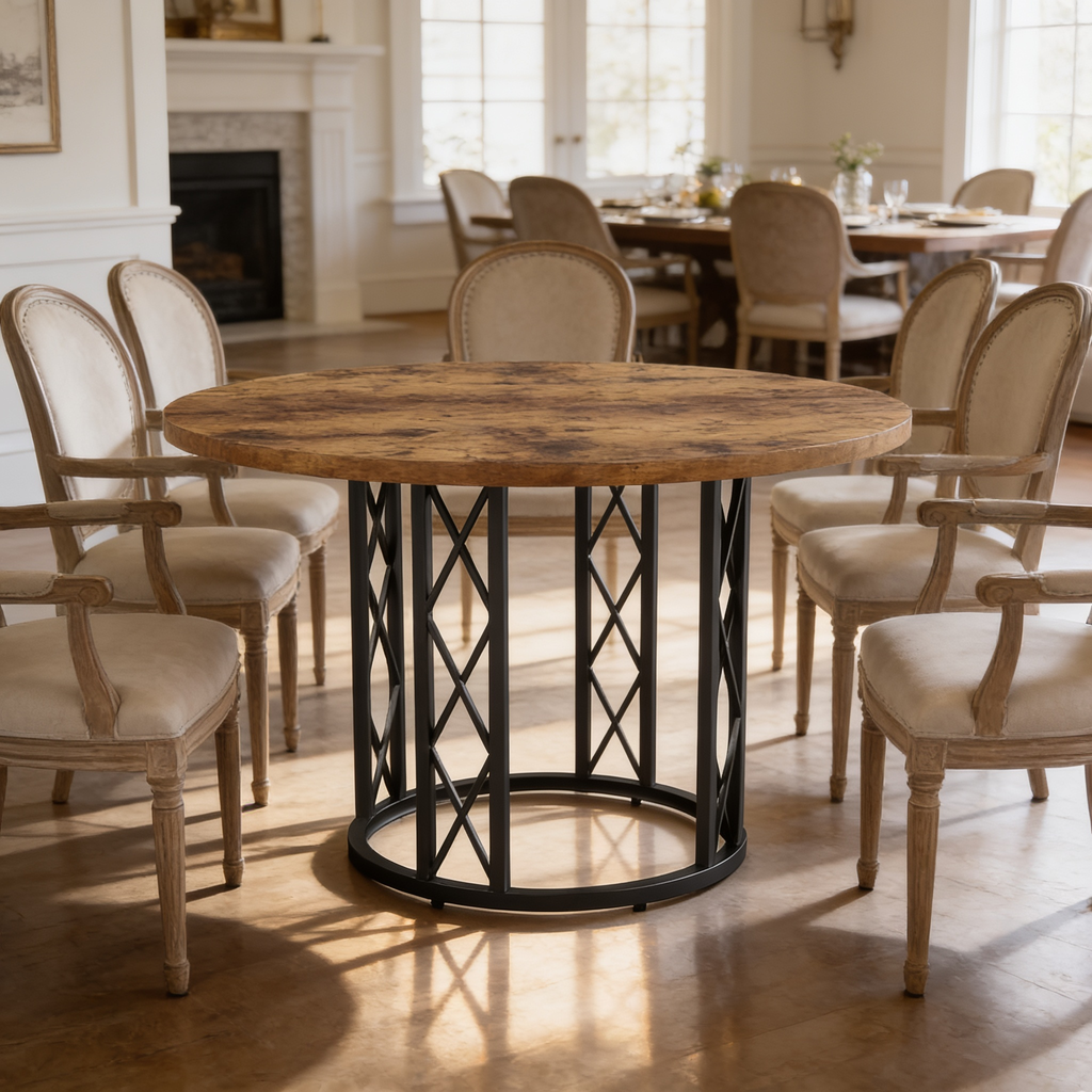 Reclaimed wood round table on an open black cage base ringed by cream dining chairs