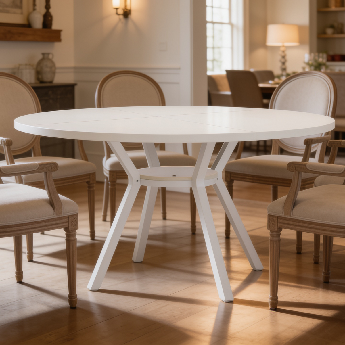 White round dining table with white splayed legs in a sunlit dining room