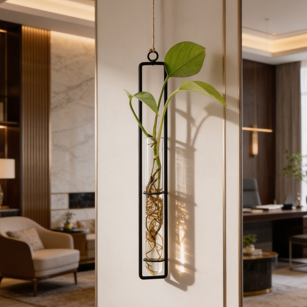 Gold framed tube holding a rooted stem on a wall in a hallway