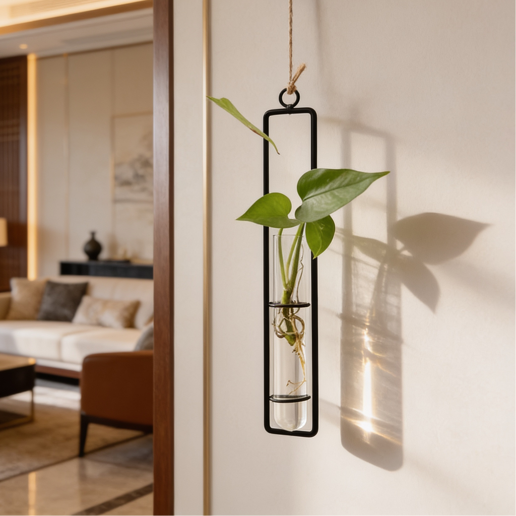 Black framed hanging tube with a trailing vine on a bedroom wall