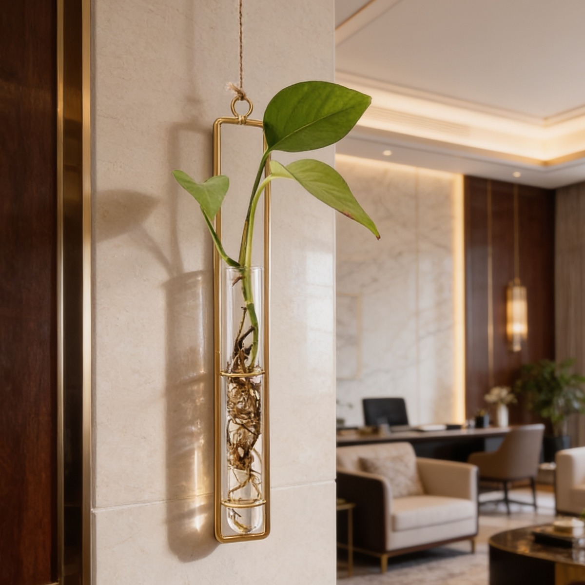 Gold framed propagation tube with a long stem above a lounge sofa