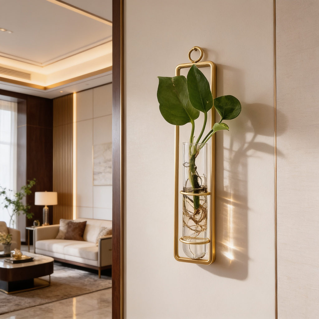 Gold framed tube with a leafy cutting on a cream wall by a lamp