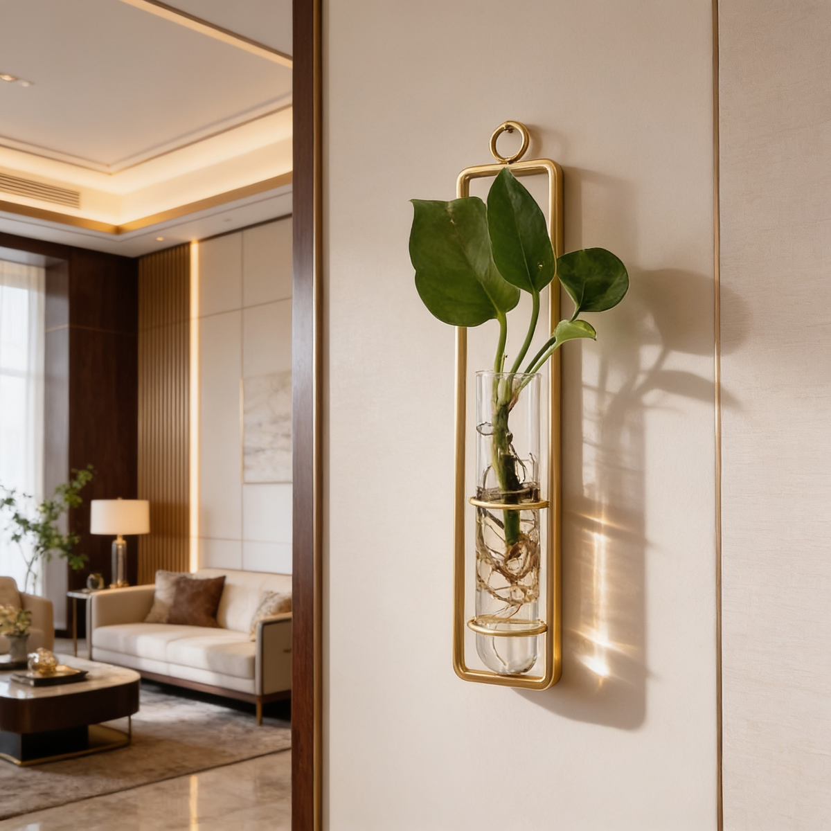 Gold framed tube with a leafy cutting on a cream wall by a lamp