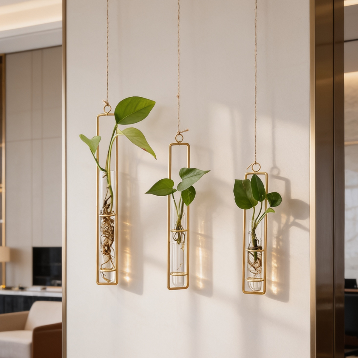 Three gold framed tubes hung in a row each holding a green cutting