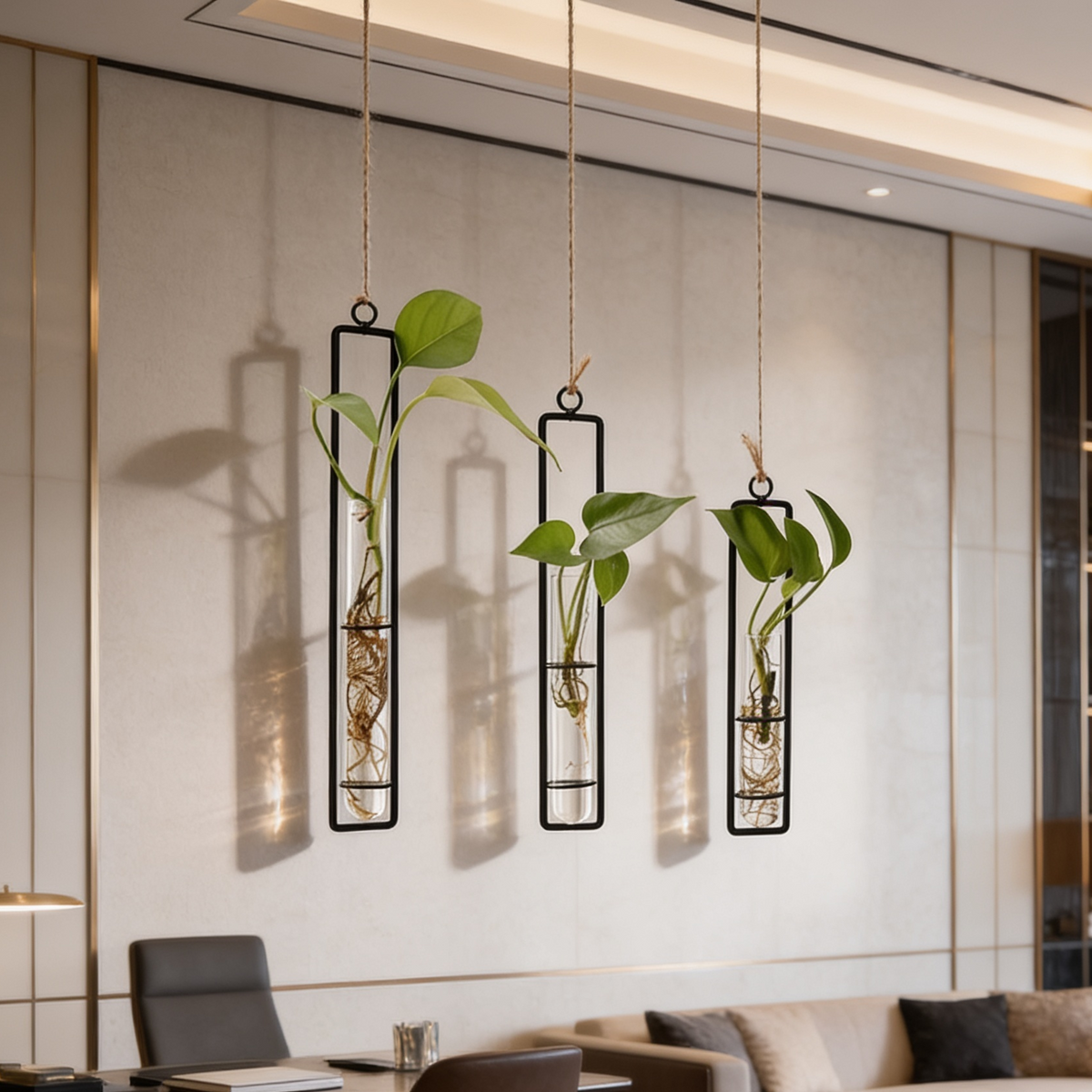 Gold and black framed tubes hung together on a wall with cuttings