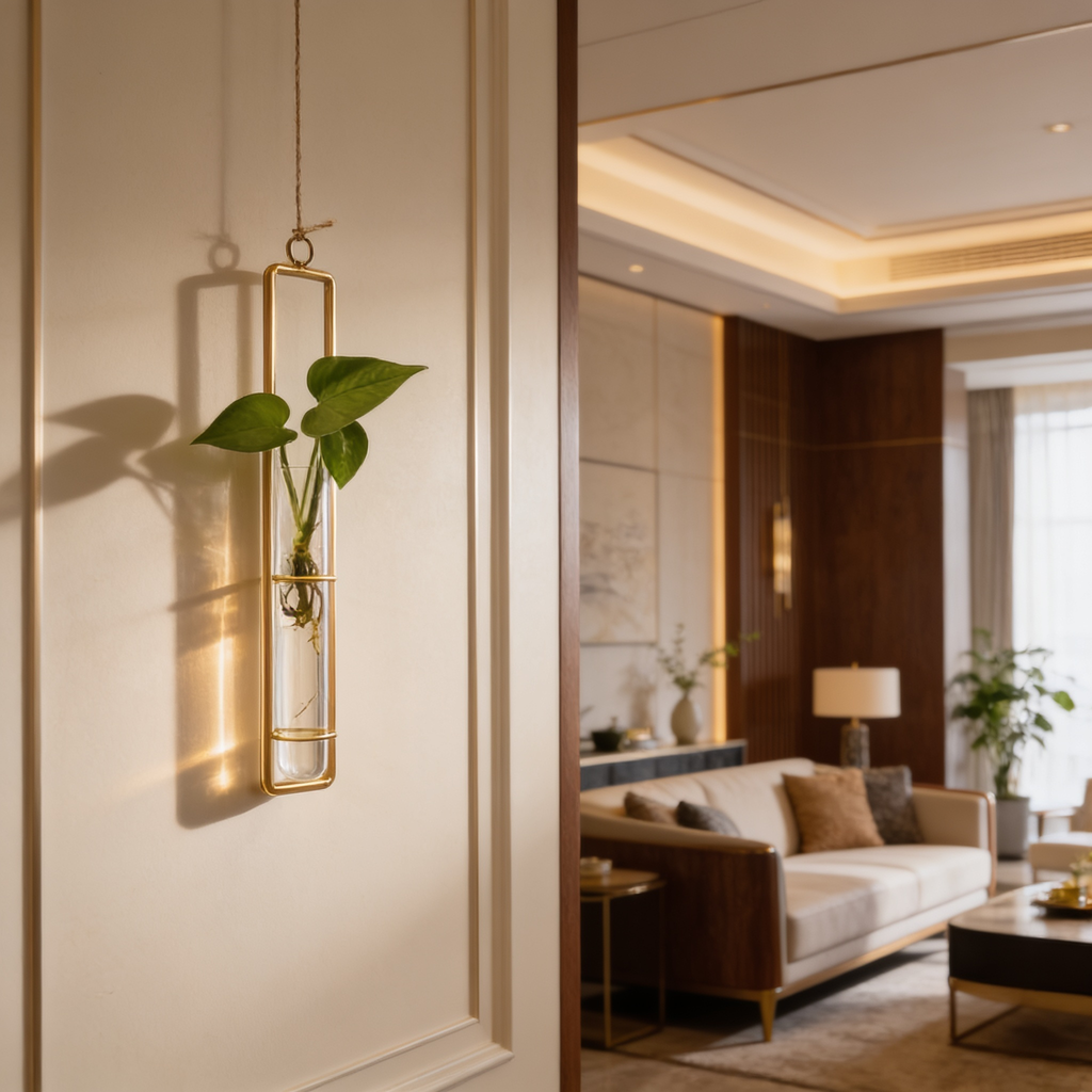 Gold framed propagation tube on a wall in a bright living room