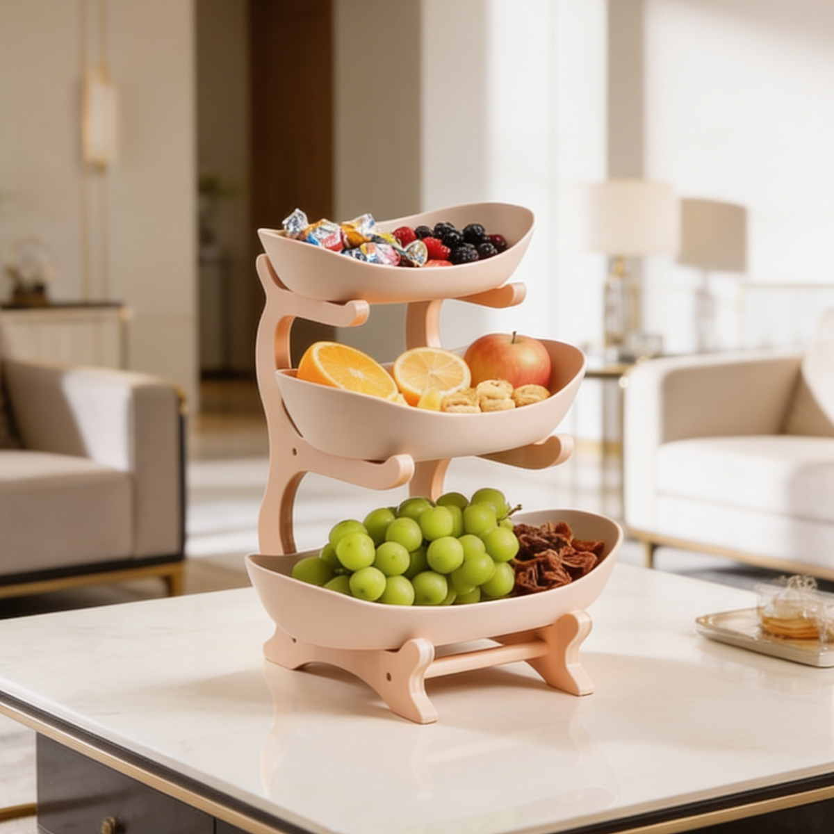 Three tier white serving stand of fruit on a wooden frame in a bright dining room