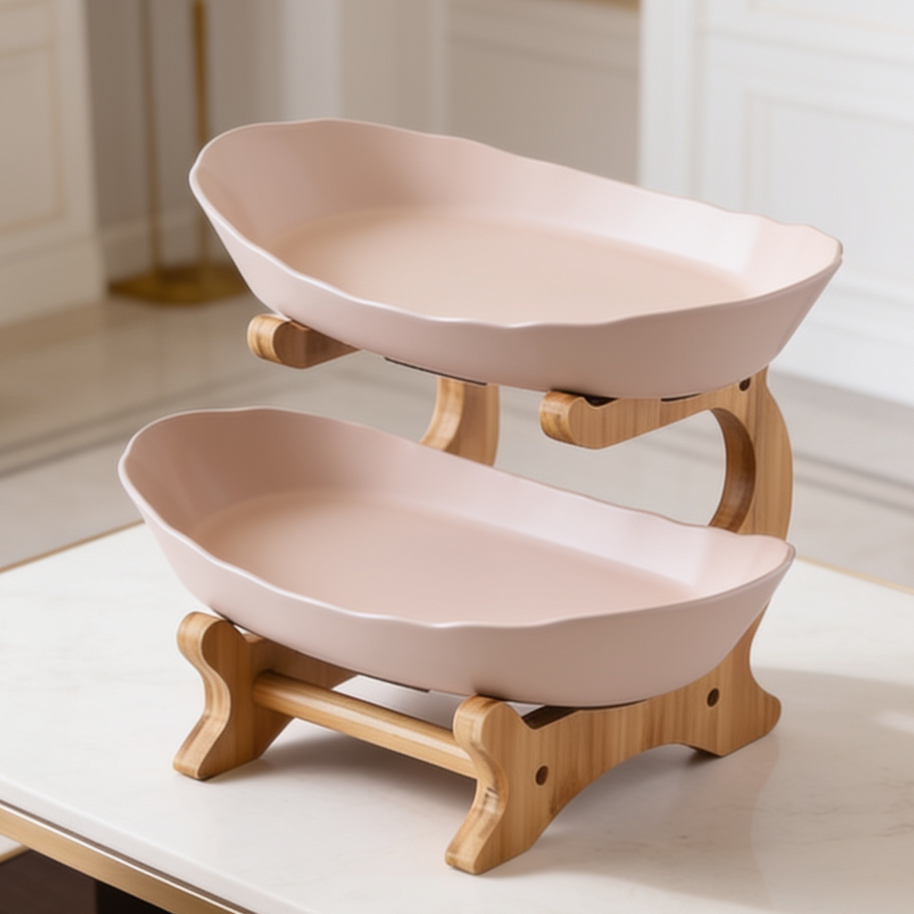 Empty pale pink two tier oval serving stand on a light wood frame