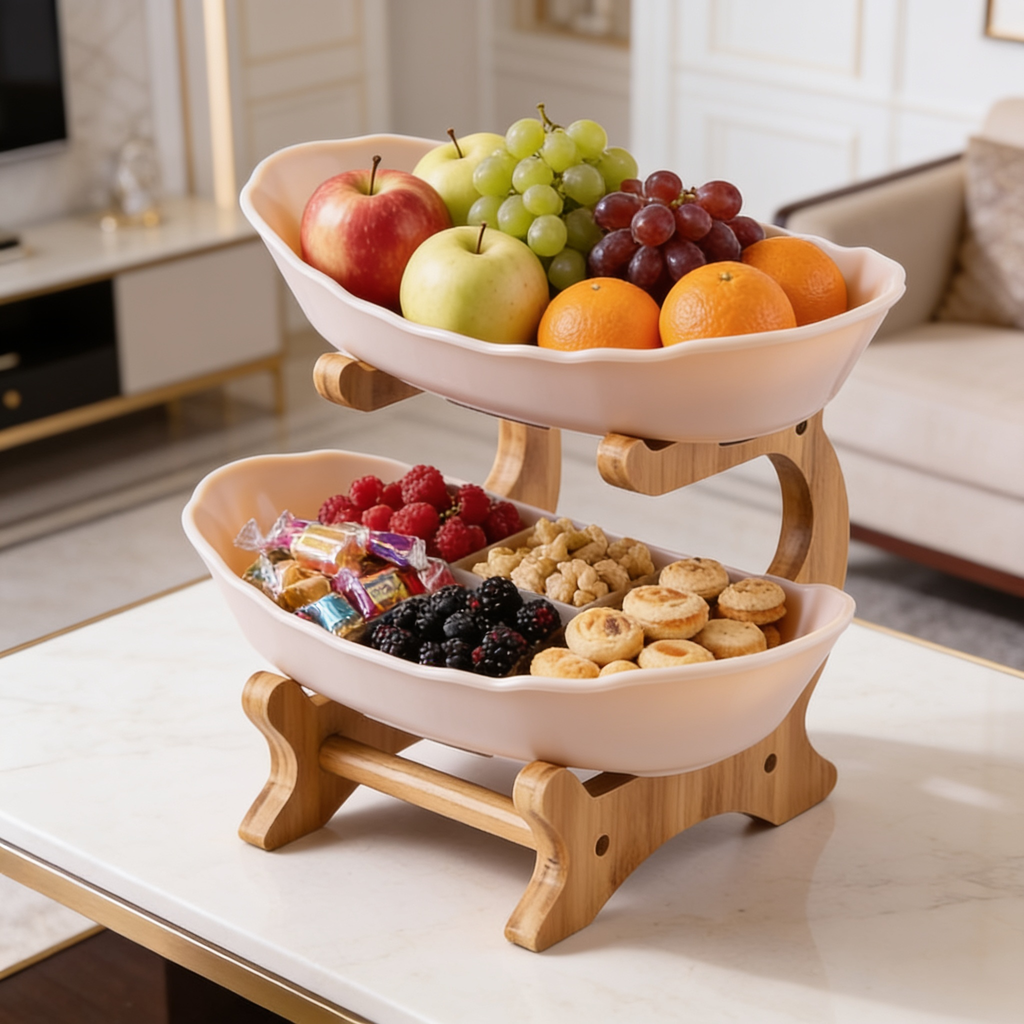 Pale pink two tier serving stand holding fruit and cookies on a marble table