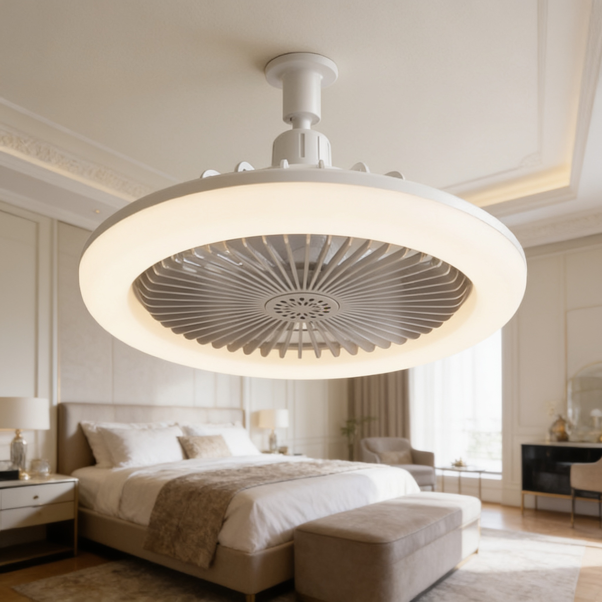 Ceiling fan light glowing on a bedroom ceiling above the bed