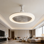 Ceiling fan light lit on the ceiling of a wide living room
