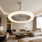 Ceiling fan light on a living room ceiling above a coffee table