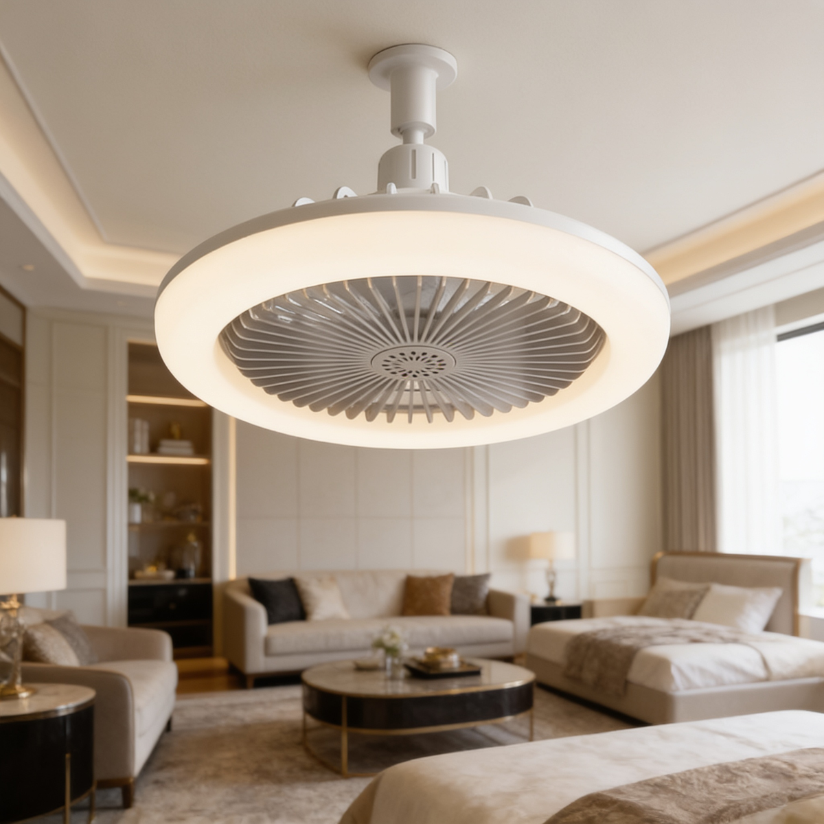 Ceiling fan light on a living room ceiling above a coffee table