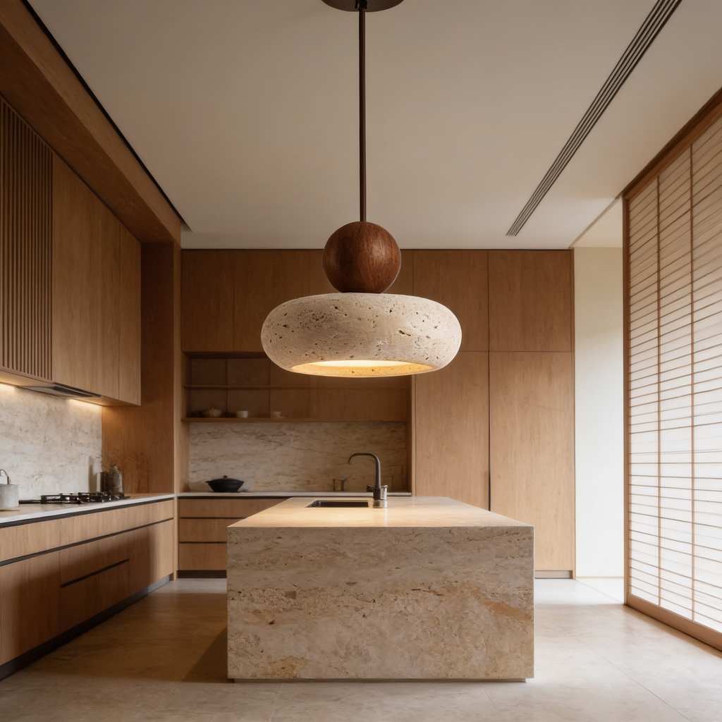 Teardrop stone pendant above a stone island in a minimal room