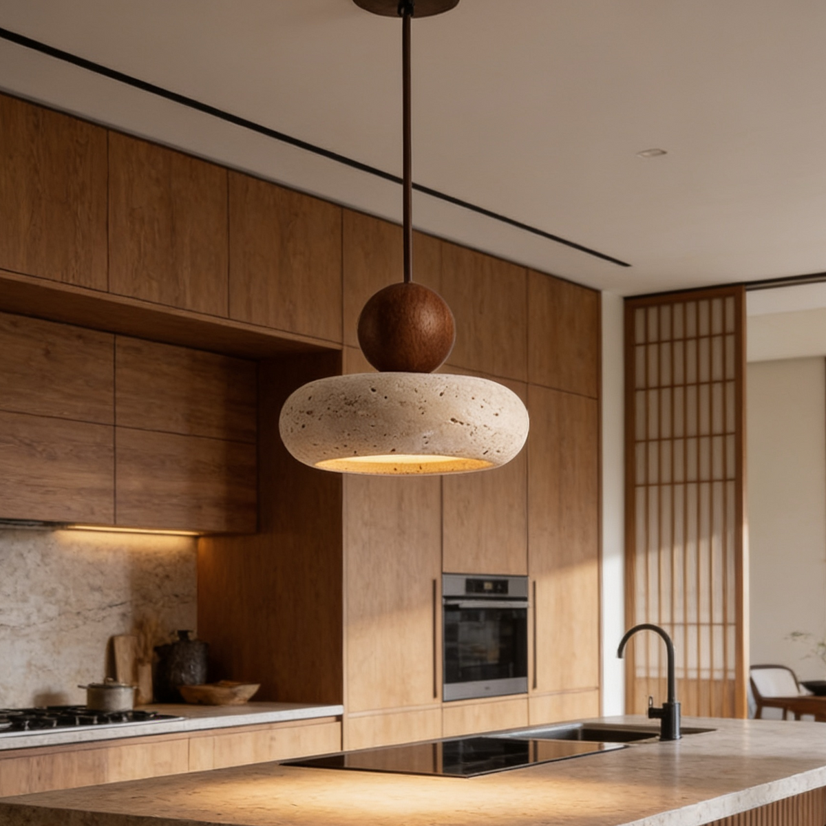 Domed stone pendant with a dark cap above a wood kitchen counter