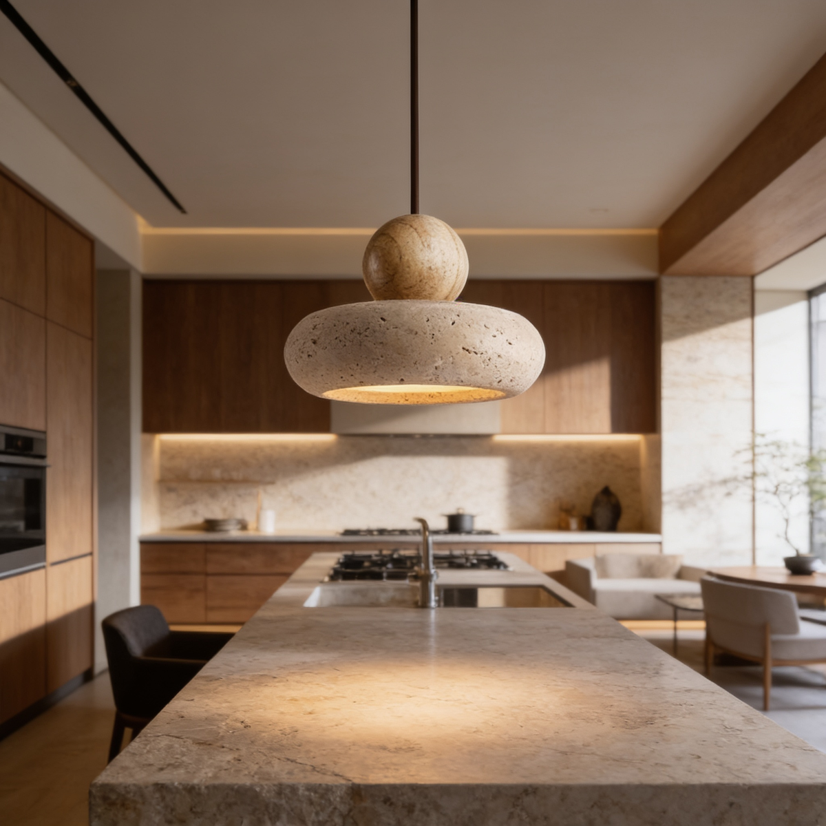 Two stone pendants lit above a wide stone kitchen island