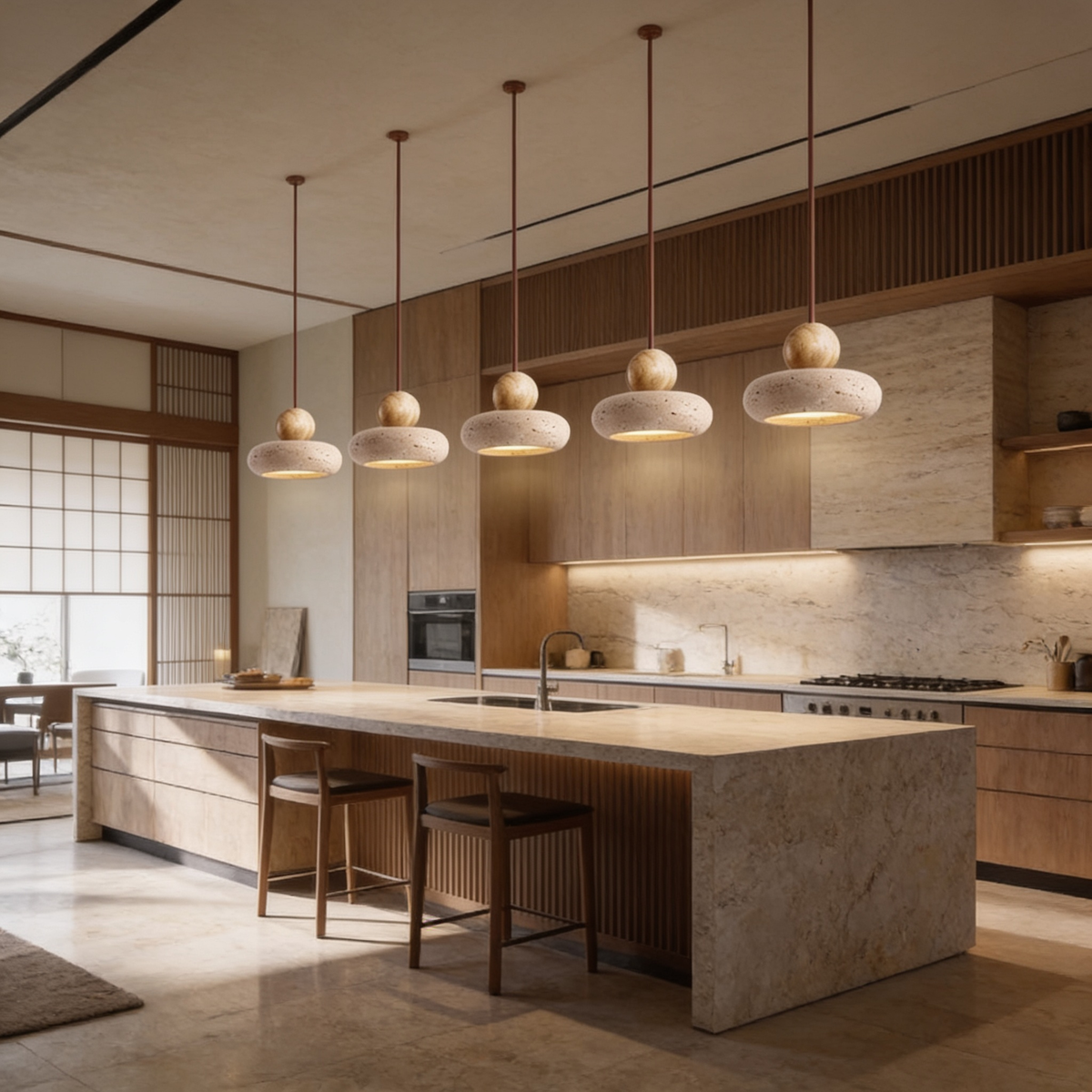 Row of five stone pendants lit along a long kitchen island
