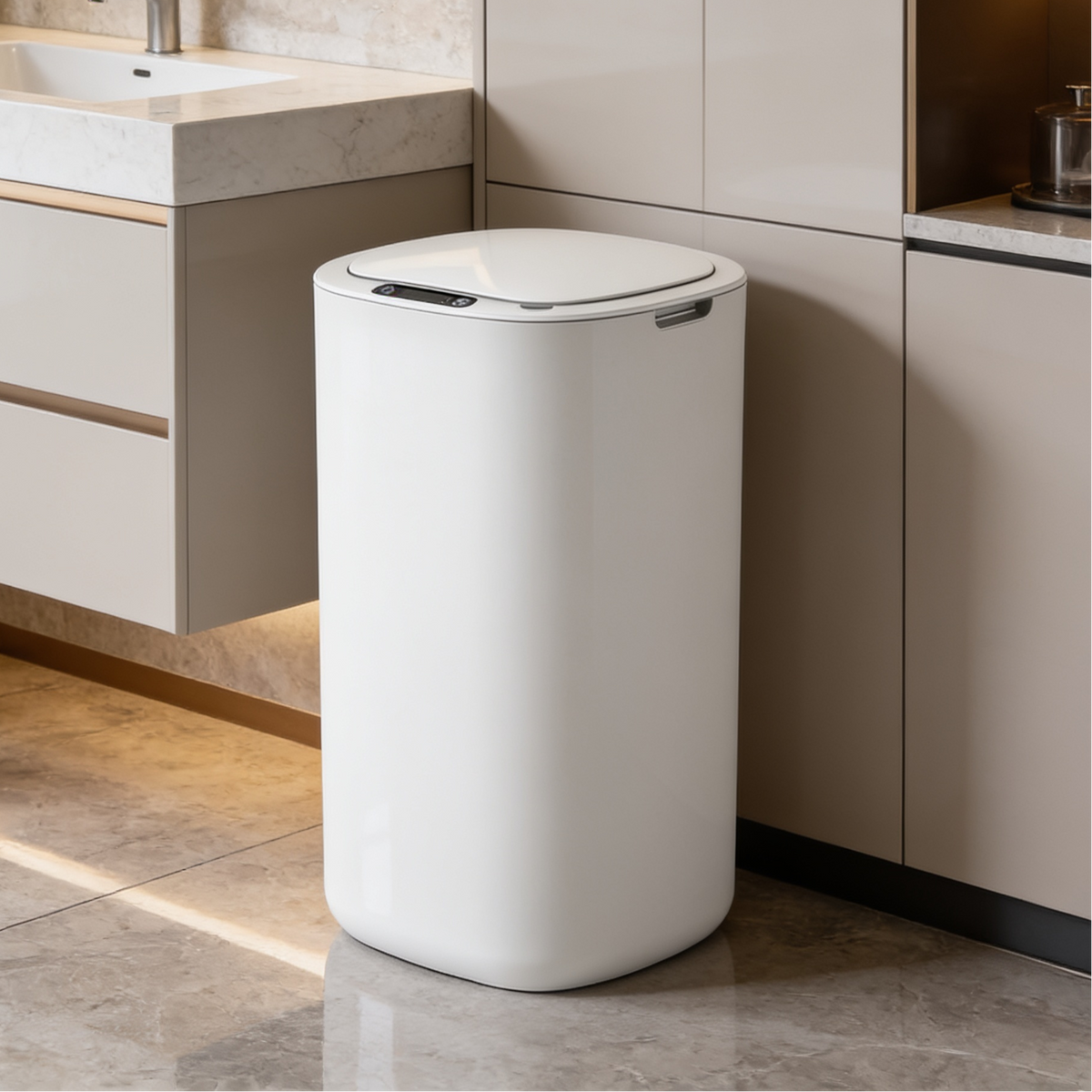White sensor trash can with the lid shut tucked against a run of kitchen cabinets