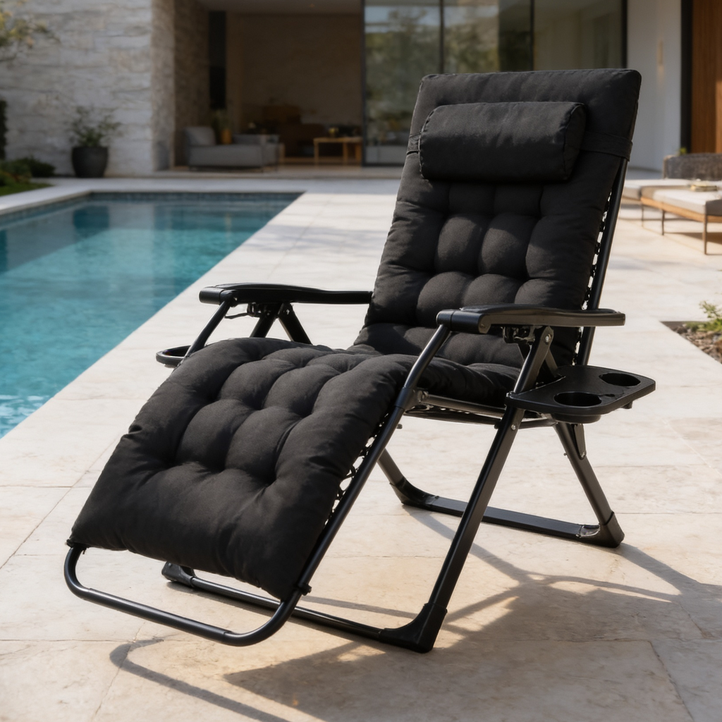 Black cushioned zero gravity recliner with a headrest set beside a swimming pool