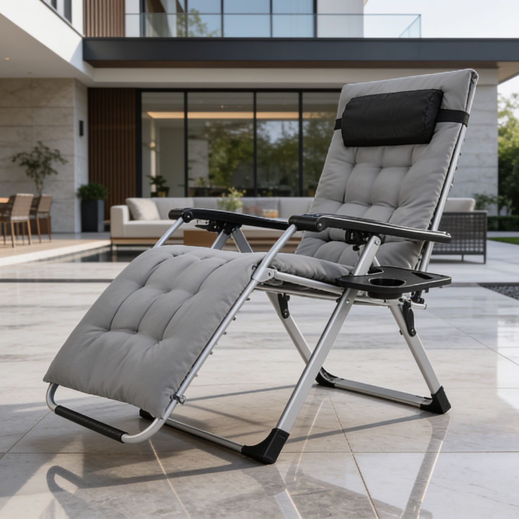 Gray cushioned zero gravity recliner on a patio in front of a modern house