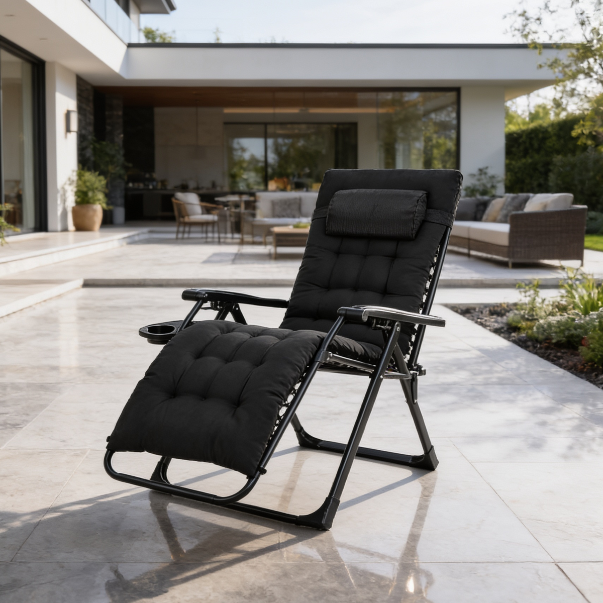 Black cushioned recliner on a stone patio with outdoor lounge seating behind