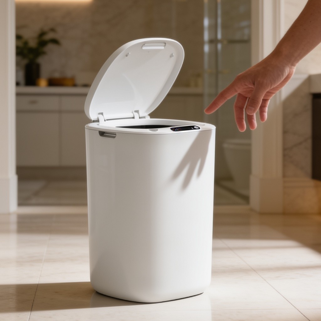 White sensor trash can standing open on a tiled floor beside a stone counter