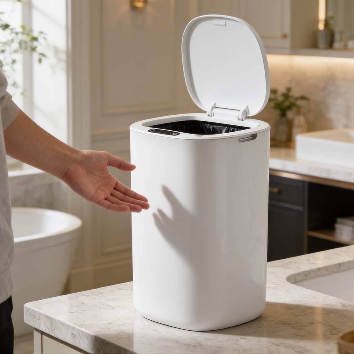 Hand waving above the white sensor trash can to open its lid beside a bathtub