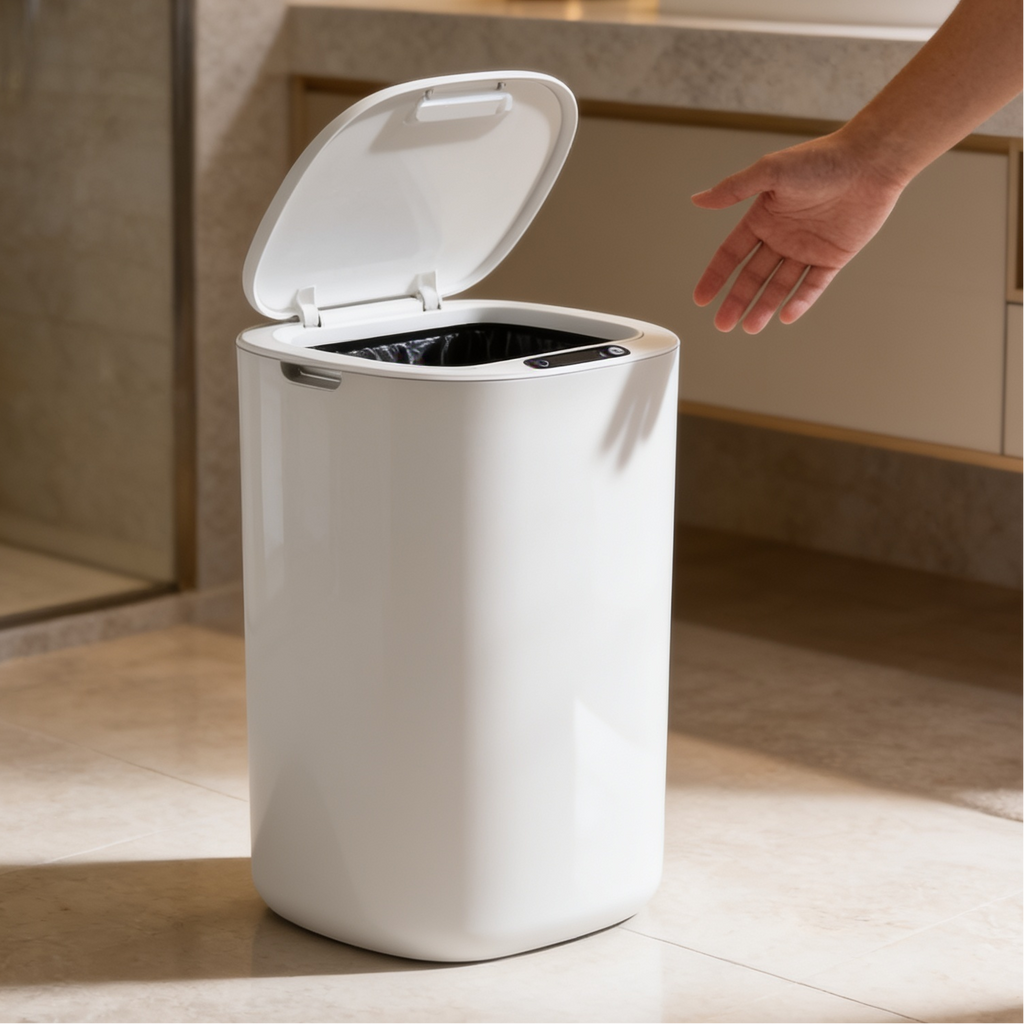 White sensor trash can with the lid open showing a black liner on a bathroom floor